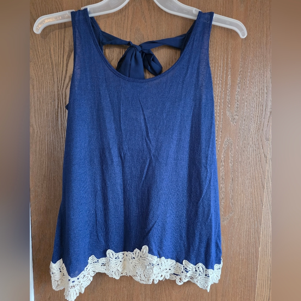 Charming Charlie Navy Tank with Ivory Lace Hem and Tie-Back
